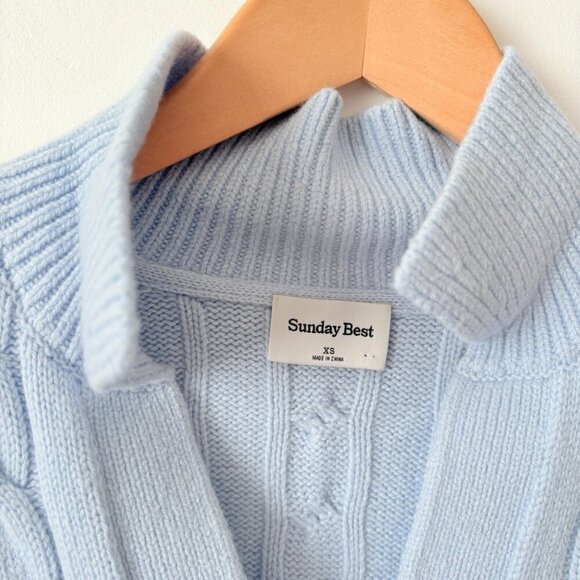 Aritzia Sunday Best Wool Lottie V-Neck Cable Knit Polo Sweater Light Blue XS - Picture 7 of 8